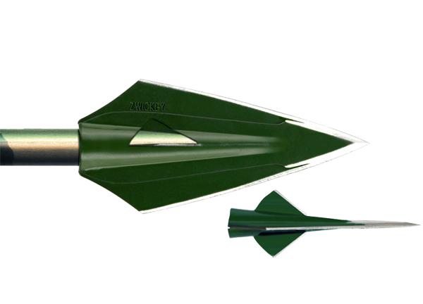 Zwickey Eskimo 4-blade glue-on broadhead, 125 grains, shown mounted on an arrow shaft with side view