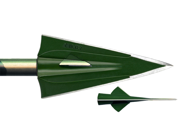 Zwickey No Mercy 4-blade glue-on broadhead, 130 grains, shown mounted on an arrow shaft with side view