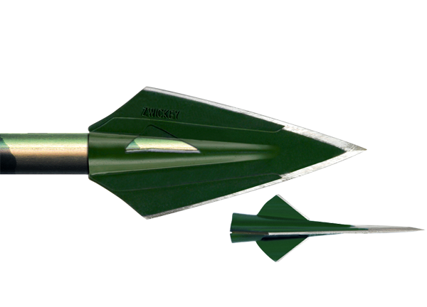 Zwickey Eskilite 4-blade glue-on broadhead, 110 grains, shown mounted on an arrow shaft with side view