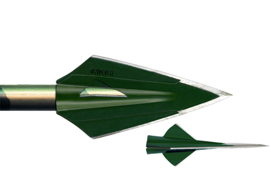 Zwickey Eskilite 4-blade glue-on broadhead, 110 grains, shown mounted on an arrow shaft with side view