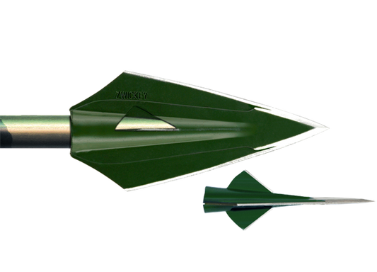 Zwickey Eskimo 4-blade glue-on broadhead, 125 grains, shown mounted on an arrow shaft with side view