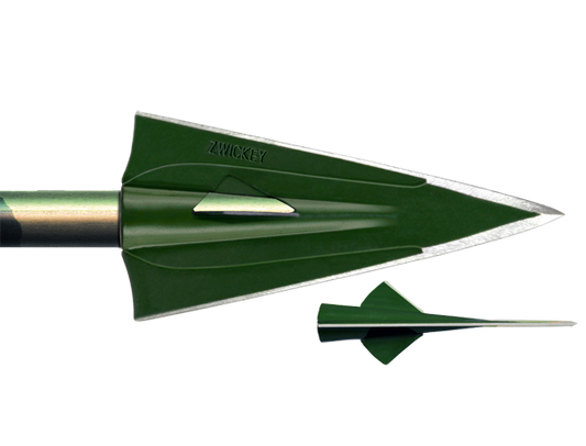 Zwickey No Mercy 4-blade glue-on broadhead, 130 grains, shown mounted on an arrow shaft with side view