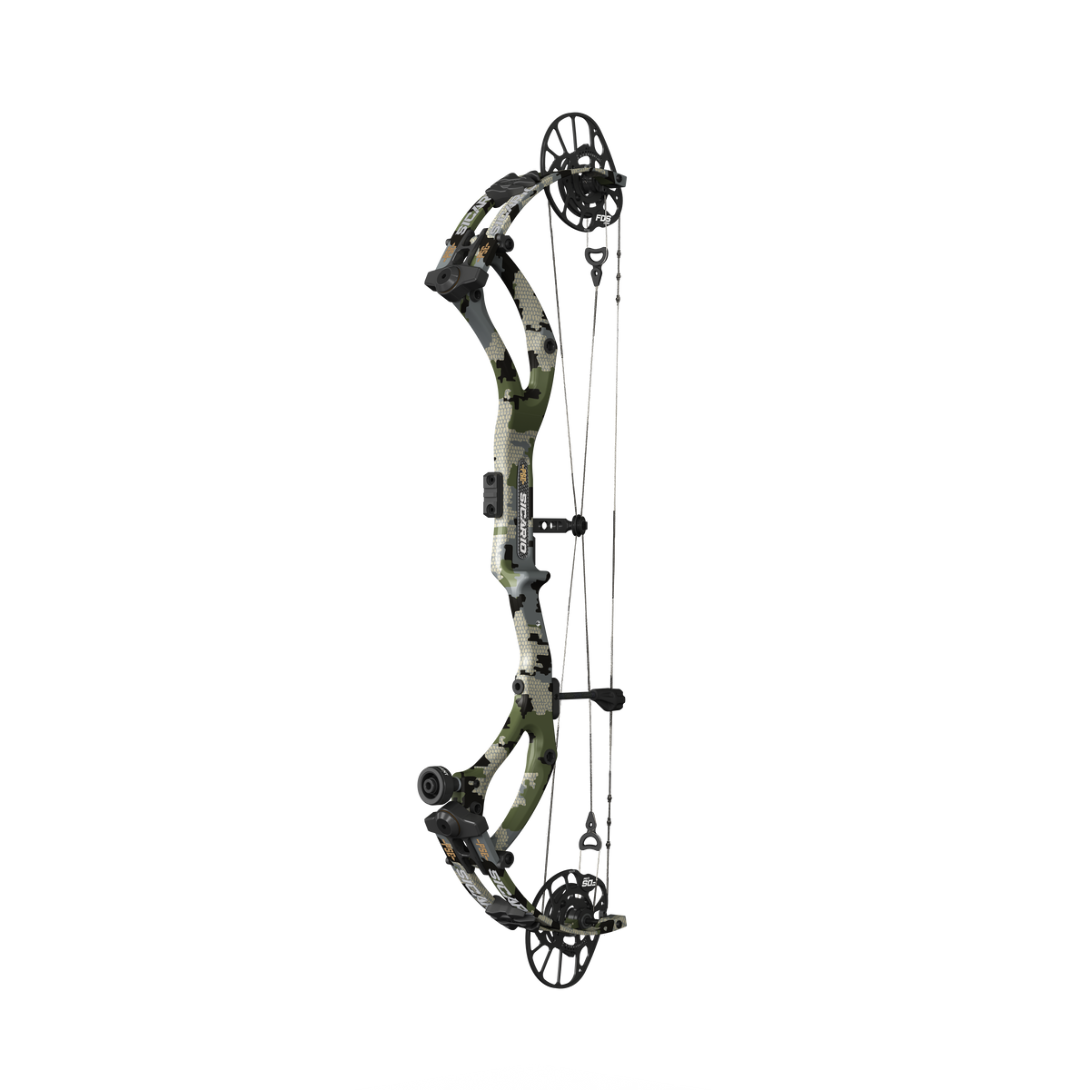 PSE Archery Sicario Carbon-FDS Compound Bow - Kuiu Verde - 45-degree view