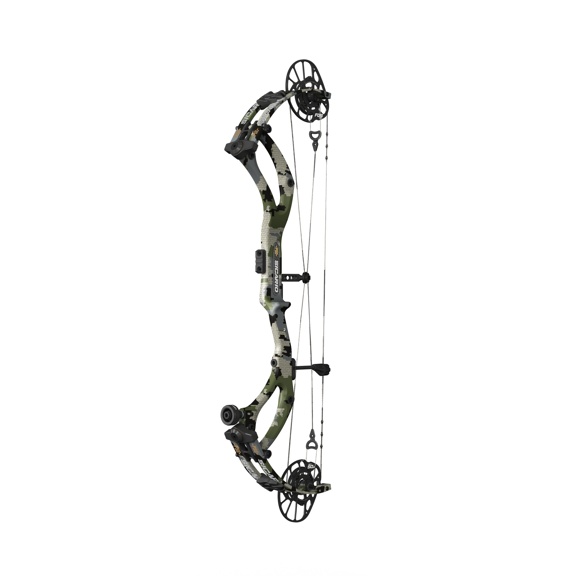 PSE Archery Sicario Carbon-FDS Compound Bow - Kuiu Verde - 45-degree view