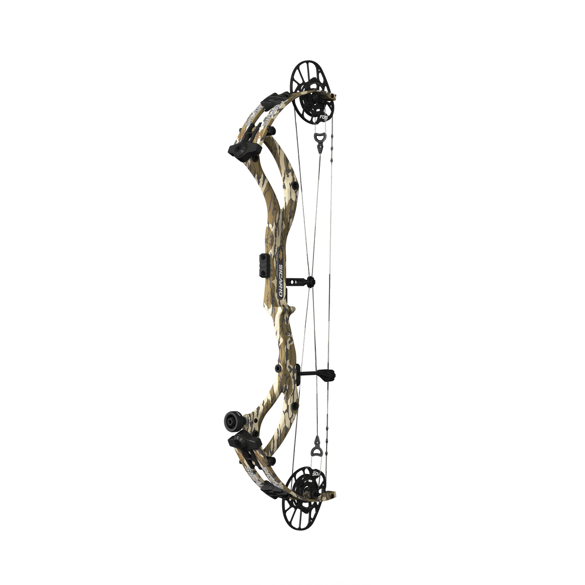 PSE Archery Sicario Carbon-FDS Compound Bow - Mossy Oak Bottomland - 45-degree view