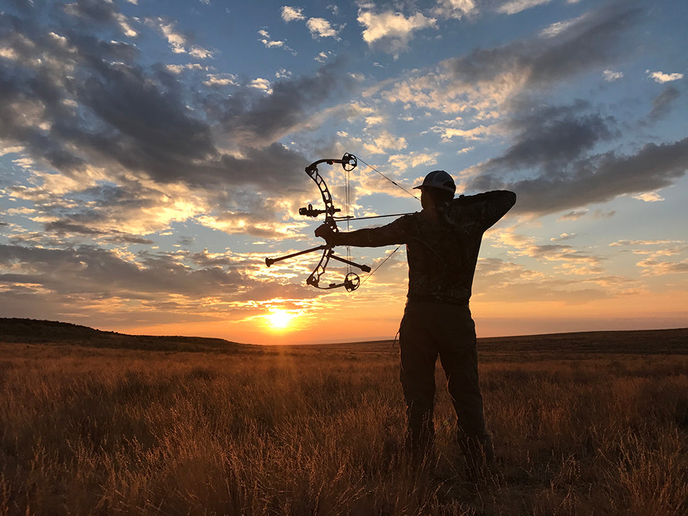 Silhouette of a person aiming a bow against a vivid sunset sky, with scattered clouds. Grassy field in the foreground, conveying a serene atmosphere.